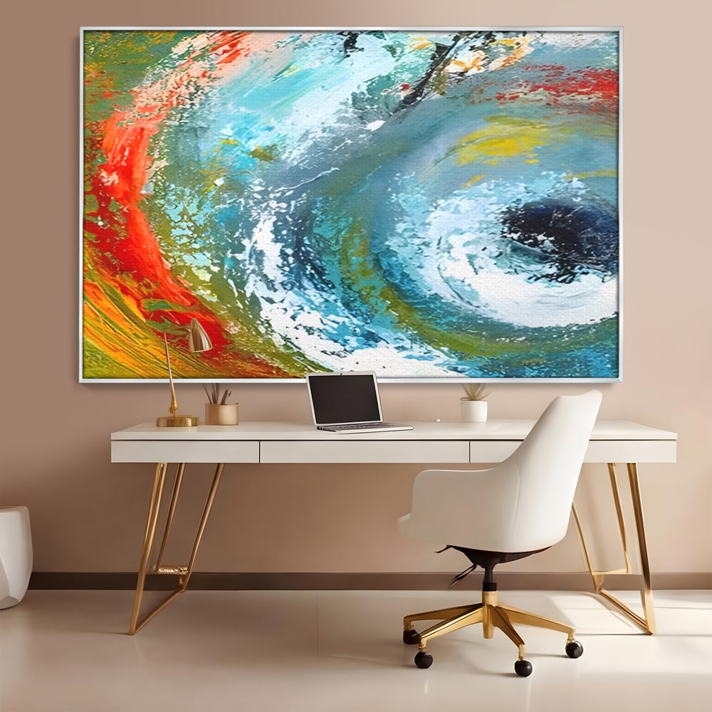 Tablou canvas cu pictura abstracta cu vartej de culori, in rama de aluminiu argintiu, pe perete intr-un birou